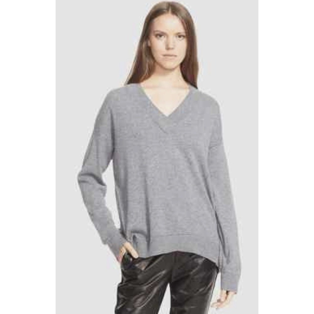 Women's Vince 100% Cashmere Pointelle Trim V-Neck Sweater top Gray Size Small - Picture 2 of 5